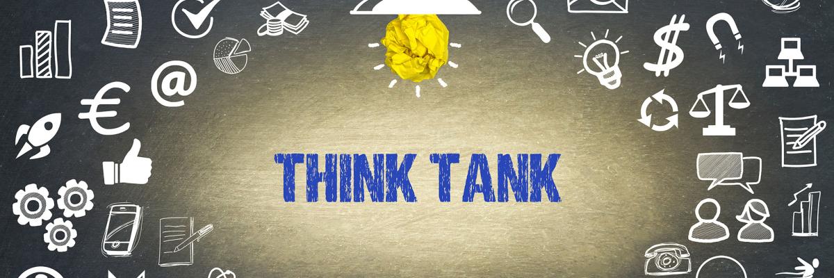 Graphic containing a series of symbols surrounding the words 'Think Tank' in blue beneath a drawing of a light bulb 