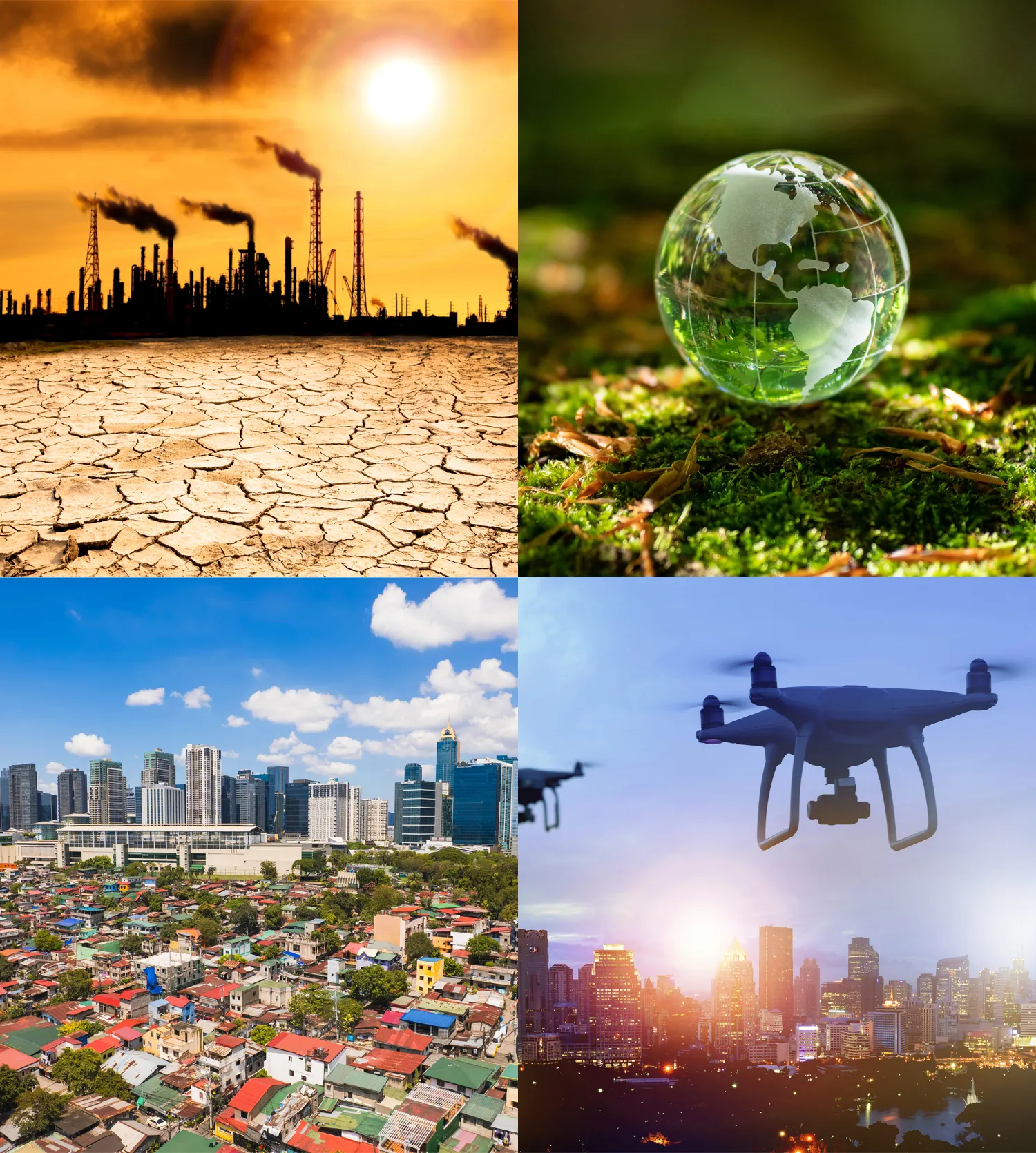montage of 4 photos - from top left - image of smoking chimneys with a cracked landscape in the foreground; globe image; image of a drone in the sky; overhead view of a city