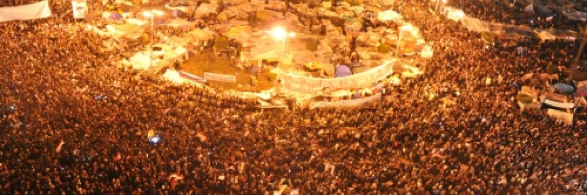 An overhead image of crowds of protestors in Tahrir Square, Egypt. 