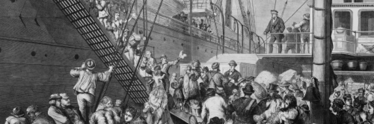 Black and white drawing of emigrants boarding a boat bound for New York.