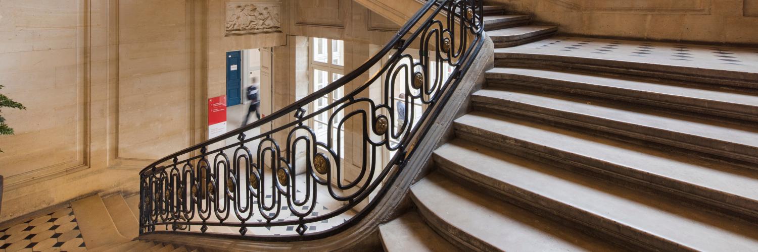 Indoors, person walking at the bottom of a grand staircase