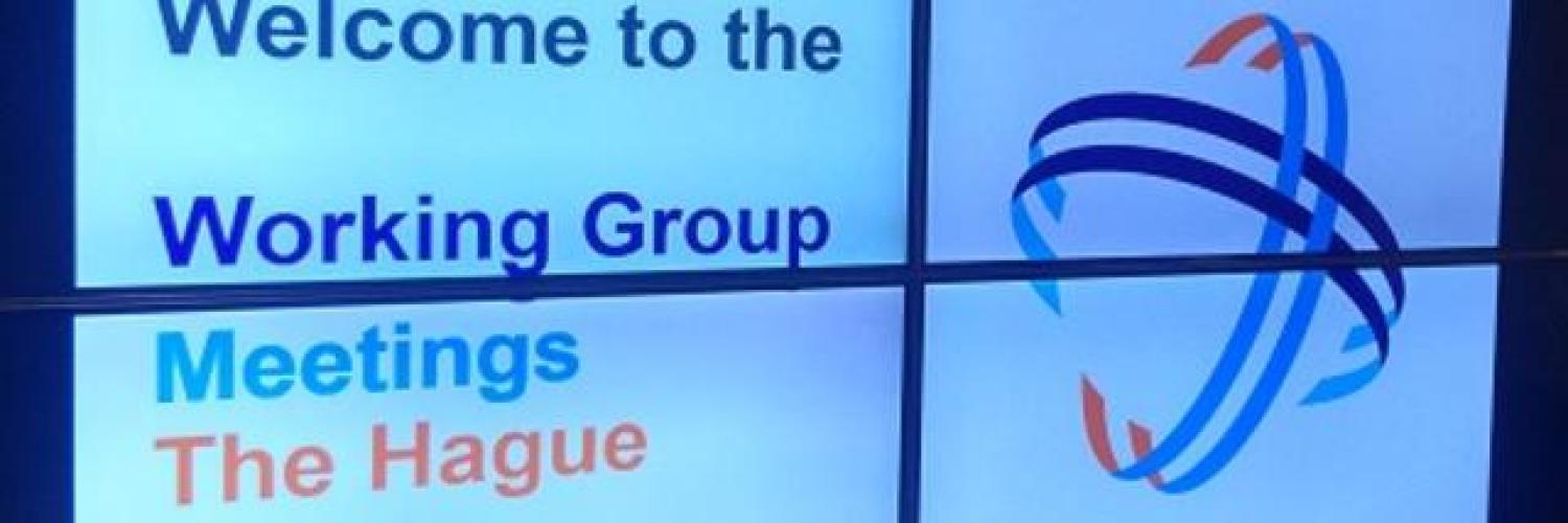 Display screen showing the text 'Welcome to the Working Group Meetings. The Hague'