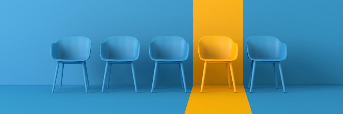 a row of chairs on a blue background with a yellow stripe going down one chair
