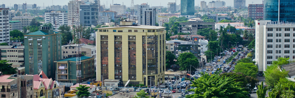 Skyline of Lagos, Nigeria showing buildings and green spaces