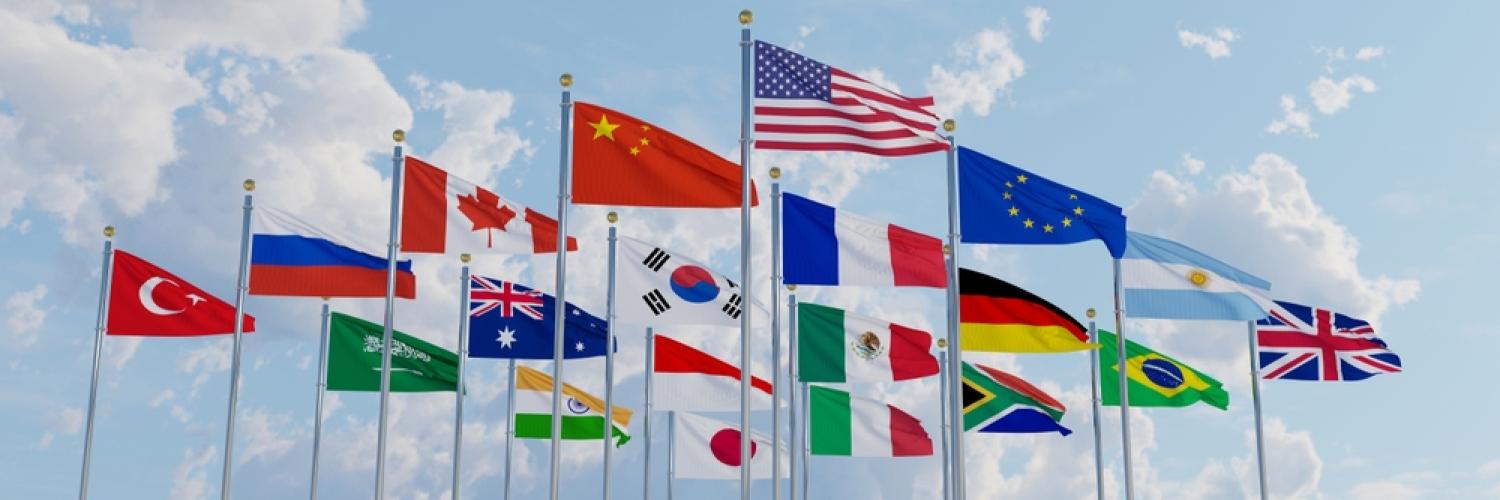 Flags of G20 member countries flying on flagpole in a blue sky background