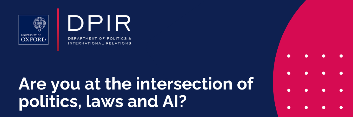 red half circle graphic on a blue background with the text 'Are you at the intersection of politics. laws and AI?' in white and 'We need to hear from you' in red