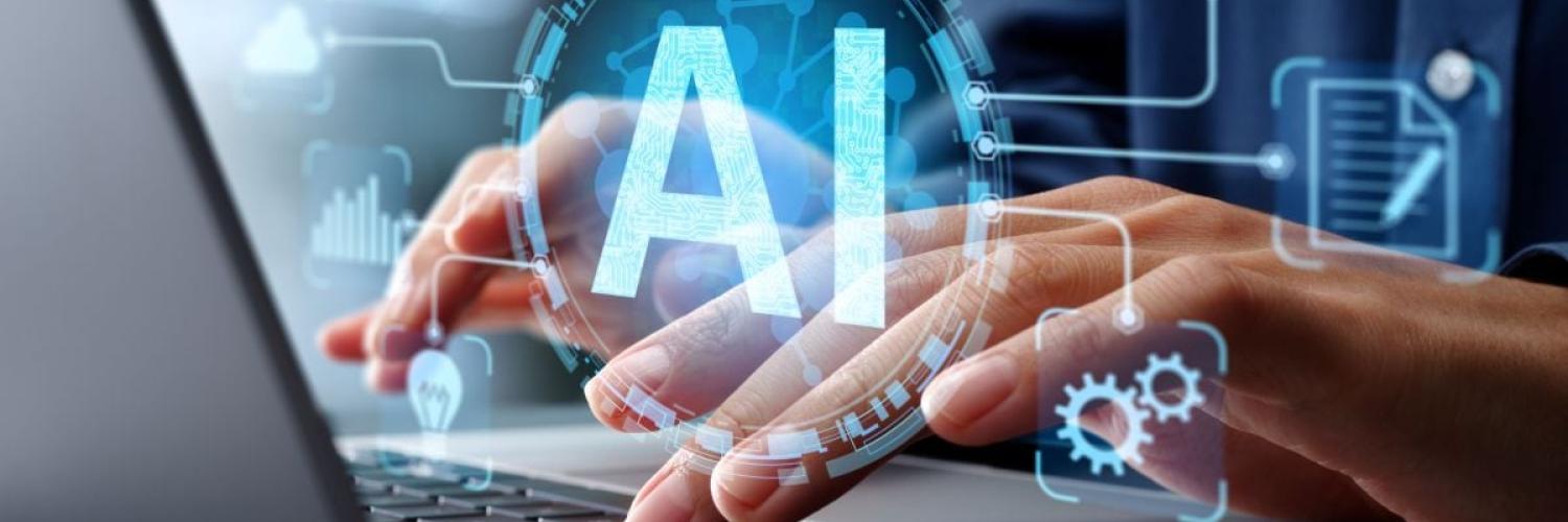 hands typing on keyboard with AI in foreground