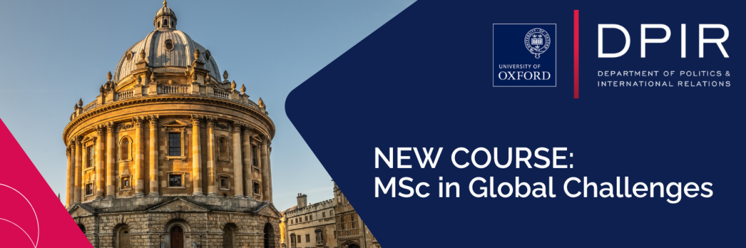 Graphic showing a picture of a building on the left hand side with a logo in the top right hand corner above the text 'NEW COURSE: MSc in Global Challenges''