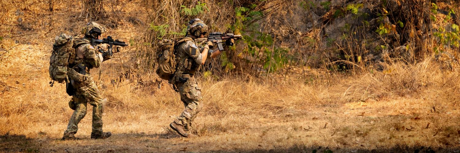 image of two soldiers in camouflage gear holding guns