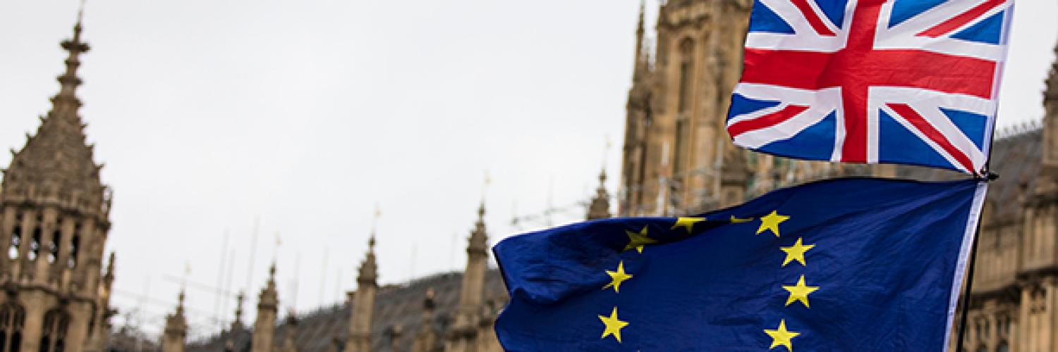European Union and British Union Jack flag flying together