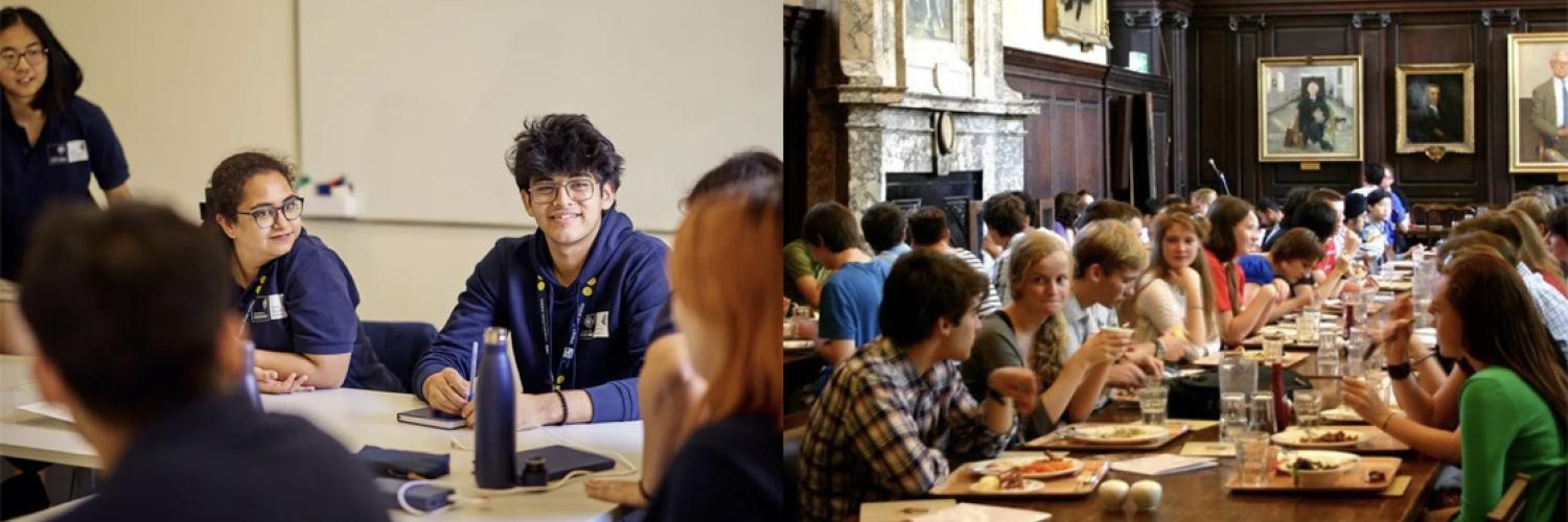 a montage of two images showing (left) a group of five students, some seated and (right) a group of students sitting at a long table in a dining hall