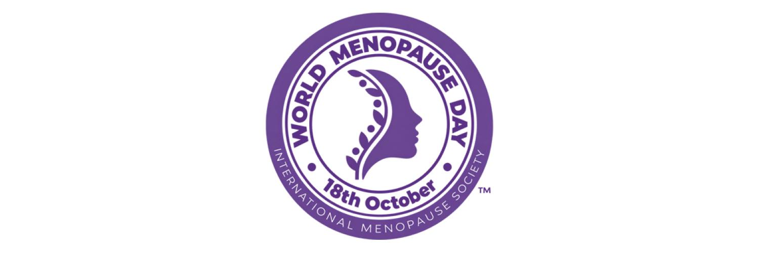 circular logo in purple and white featuring a graphic of a woman's face in the centre with the text 'World Menopause Day 18th October, International Menopause Society' around the outside