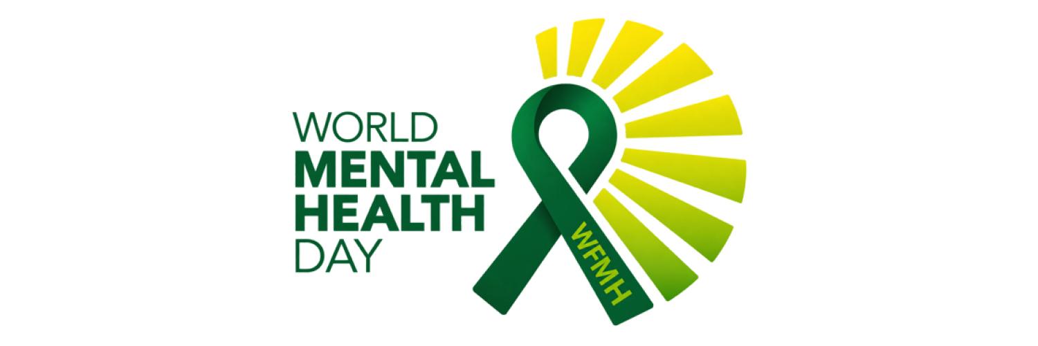 text in green reading 'World Mental Health Day' on the left hand side with a green ribbon logo on the right hand side