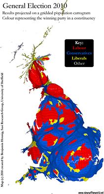Map depicting the outcome of the General Election 2010 by party