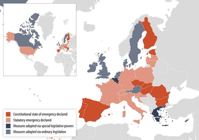 Map of Europe colour coding for varying levels of 'emergency' and response levels to the COVID-19 pandemic