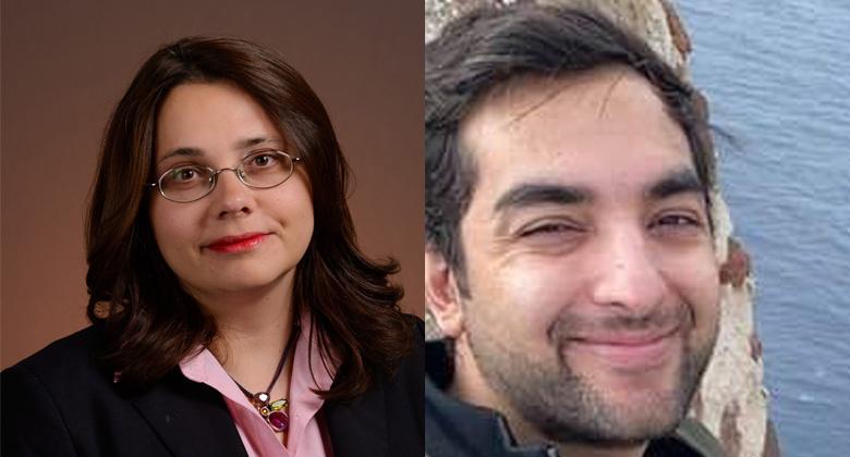 Head and shoulders image of a lady with long dark hair wearing glasses and a dark suit on the left hand side and side headshot of a man on the right hand with short dark hair