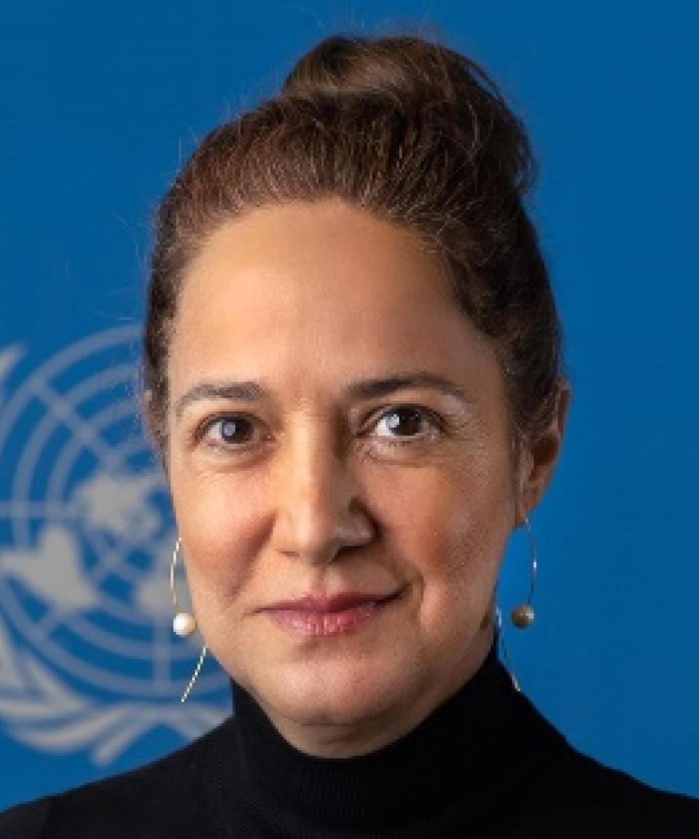 image of a woman smiling at the camera against a blue background with the UN logo on it