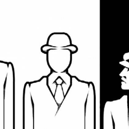 Black and white outline drawing of three men stood side by side, two in bowler hats.