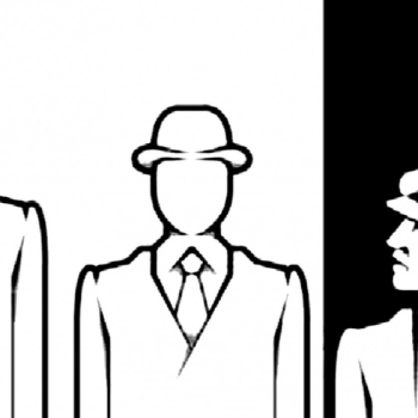 Black and white outline drawing of three men stood side by side, two in bowler hats.