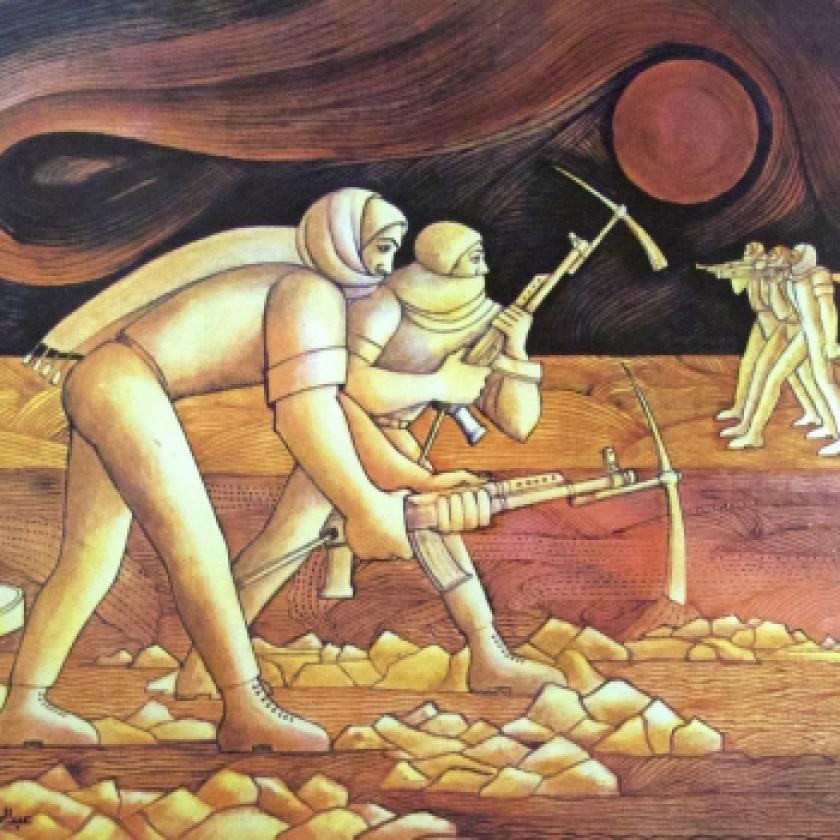 Poster illustration of people working and fighting on the land