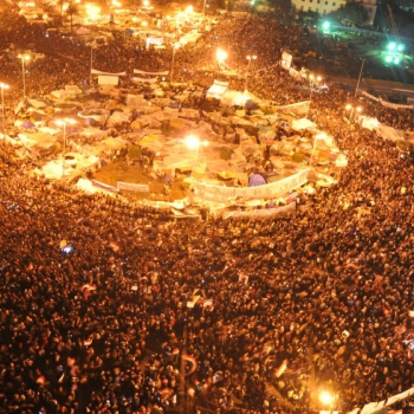 An overhead image of crowds of protestors in Tahrir Square, Egypt. 