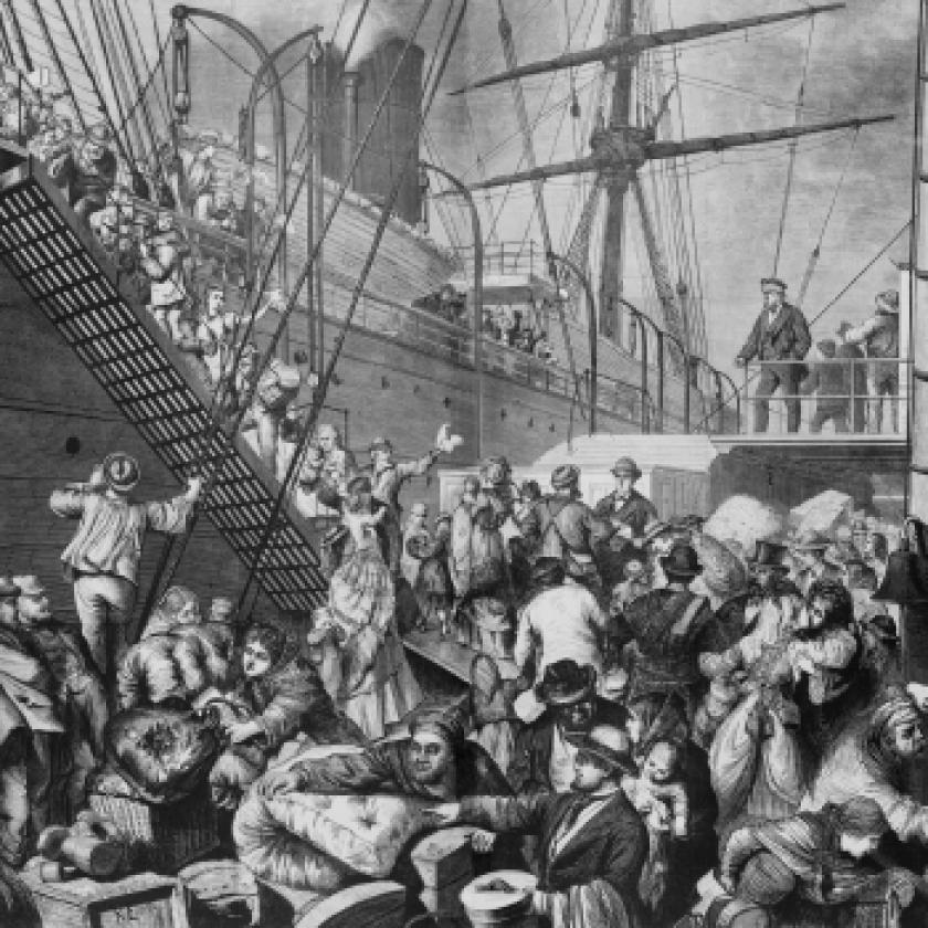 Black and white drawing of emigrants boarding a boat bound for New York.