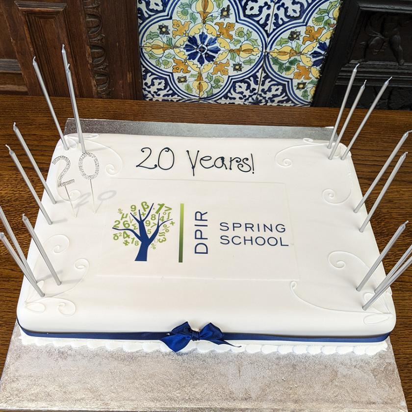 A white cake with candles and '20 years DPIR Spring School' written on it 