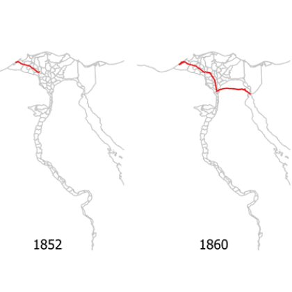 Outline graphic of Egypt with a red line depicting the development of Egypt’s railway network from 1852 to 1919