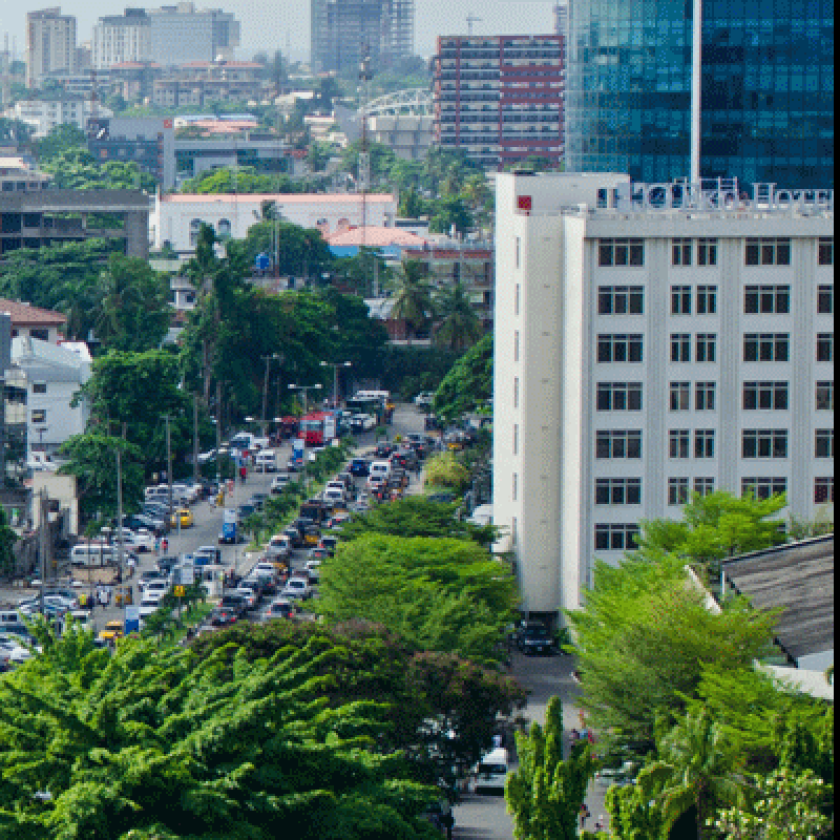 Skyline of Lagos, Nigeria showing buildings and green spaces