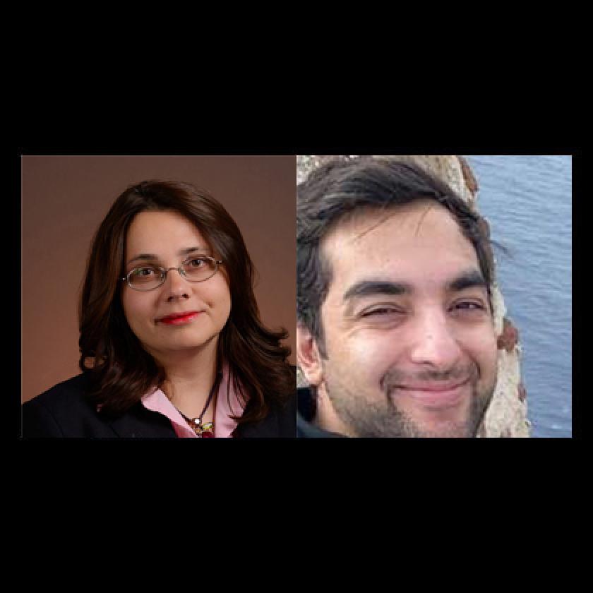 Head and shoulders image of a lady with long dark hair wearing glasses and a dark suit on the left hand side and side headshot of a man on the right hand with short dark hair