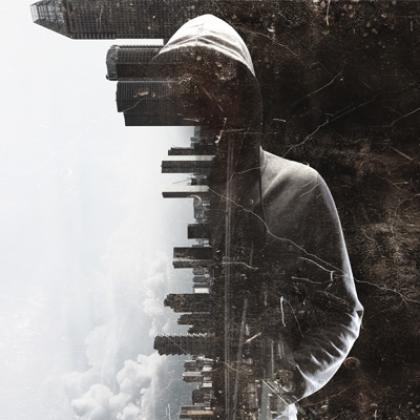 Graphic of a person in a hoody against a backdrop of a cityscape