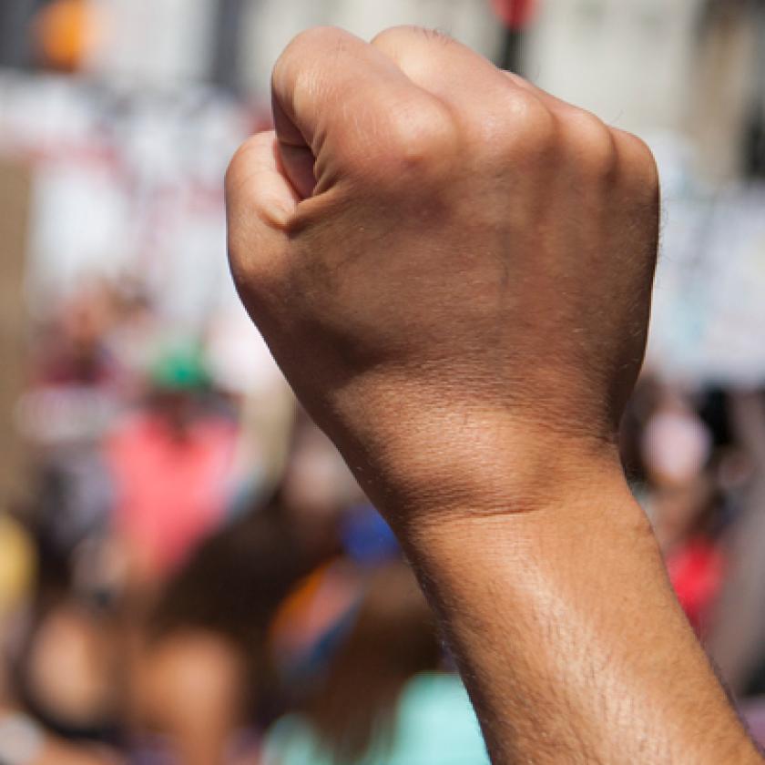 A person holding up a fist in a crowd of people