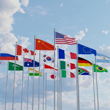 Flags of G20 member countries flying on flagpole in a blue sky background