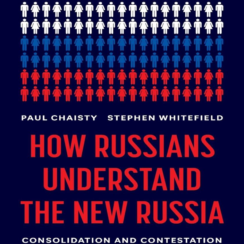 Book cover - Image of symbols of rows of men and women in white, blue and red on a black background, with the text’ How Russians Understand the New Russia in red’