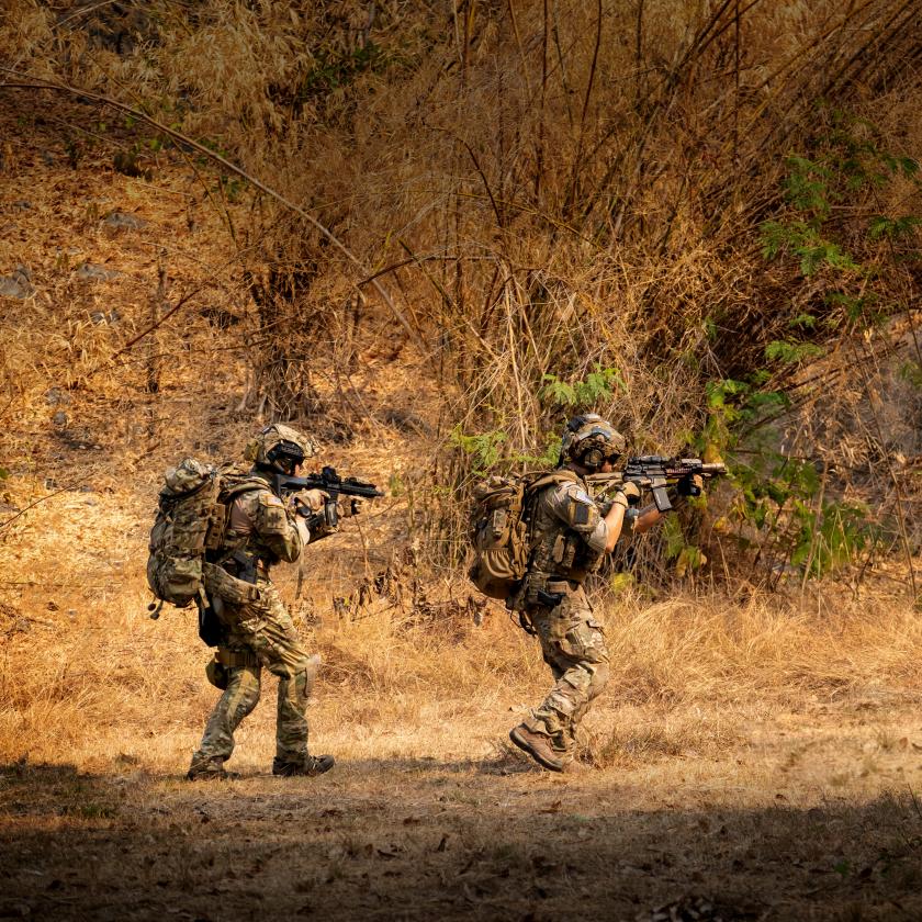 image of two soldiers in camouflage gear holding guns