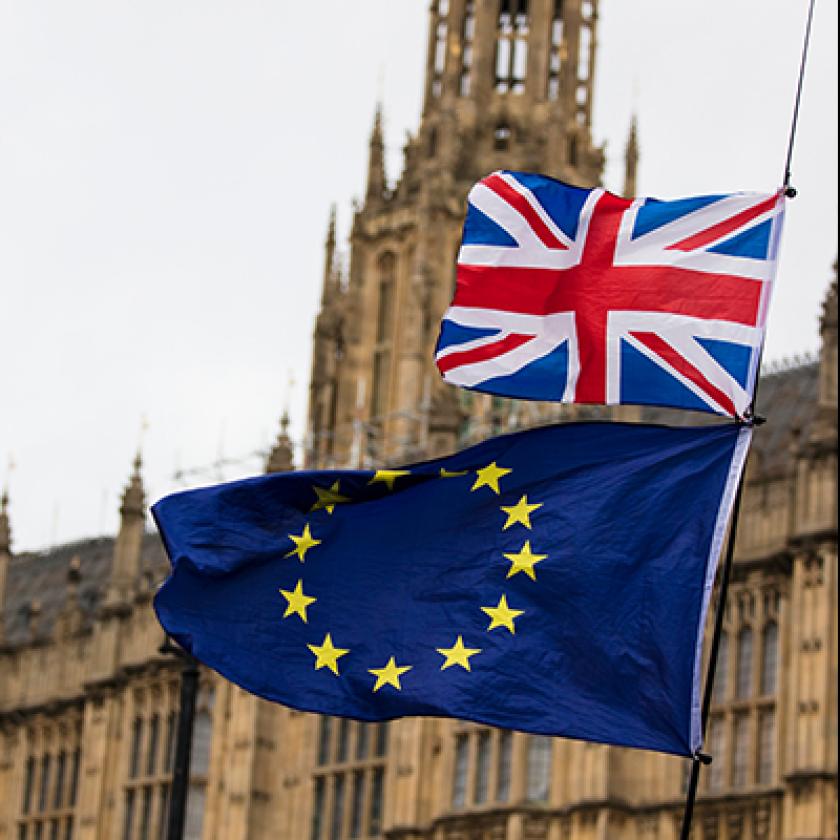 European Union and British Union Jack flag flying together