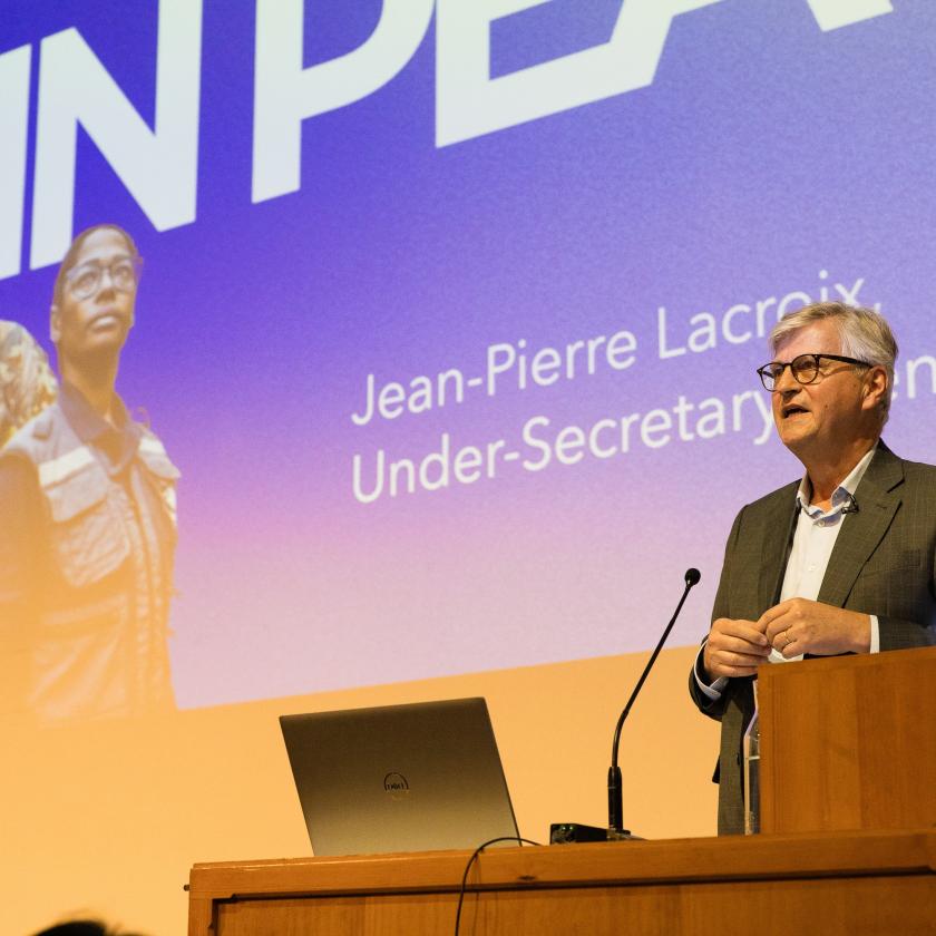Jean-Pierre Lacroix delivering a lecture