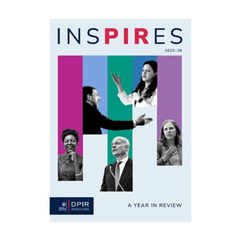 cover image of a magazine featuring four coloured vertical lines featuring images of people