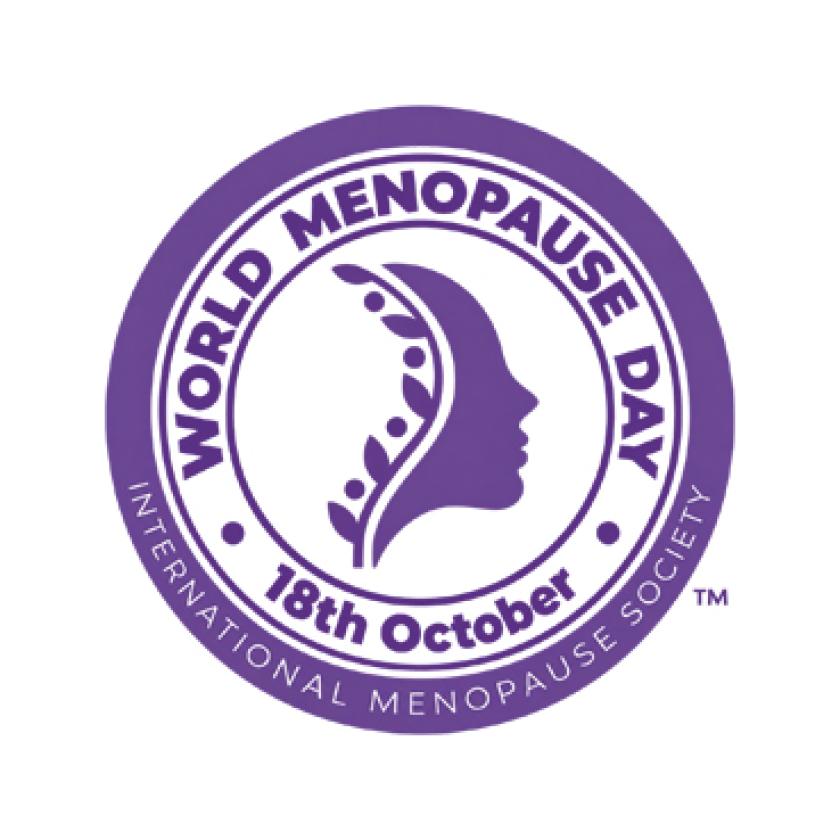 circular logo in purple and white featuring a graphic of a woman's face in the centre with the text 'World Menopause Day 18th October, International Menopause Society' around the outside