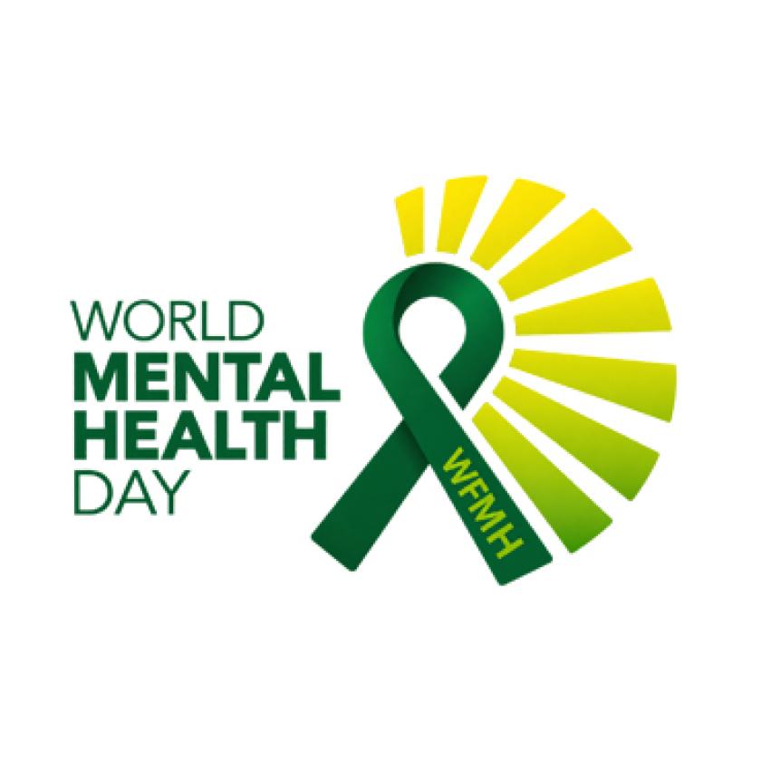 text in green reading 'World Mental Health Day' on the left hand side with a green ribbon logo on the right hand side