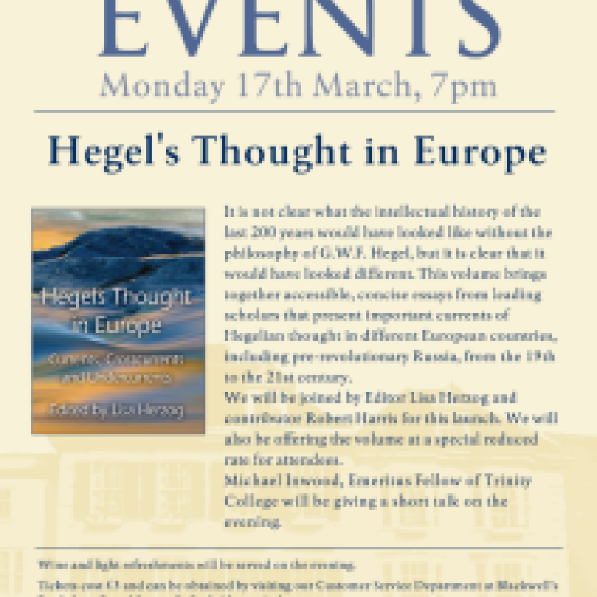 Book Launch 17 March: Hegels Thought in Europe: Current, Crosscurrents and Undercurrents edited by Lisa Herzog