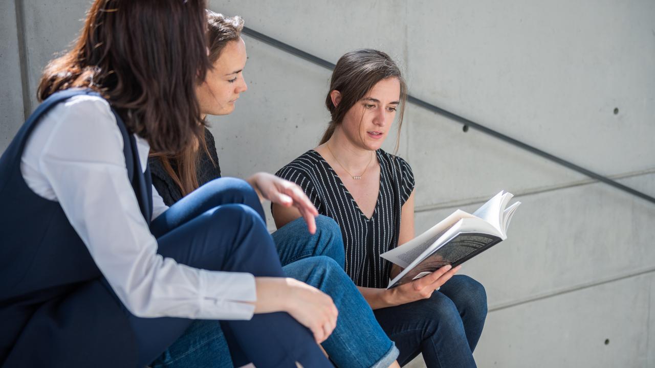 Image of three students on a flight of stairs