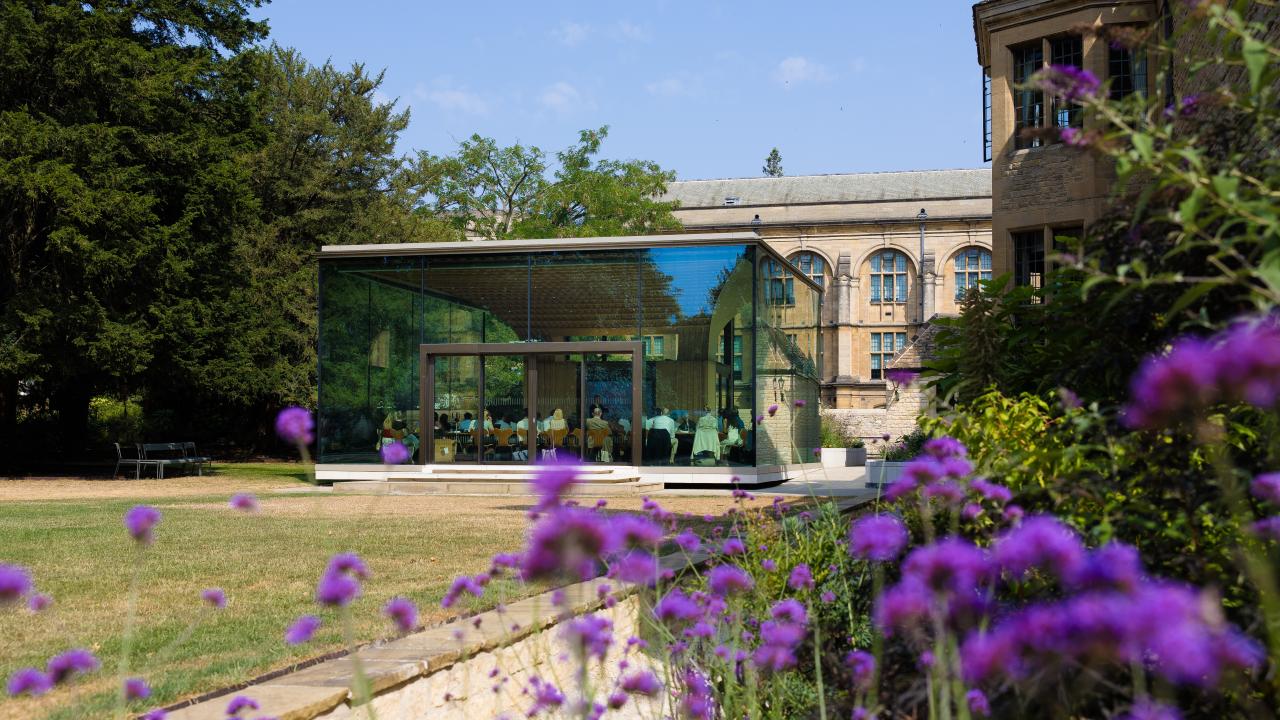 image of purple flowers in the foreground with a lawn and a glass-sided building in the background