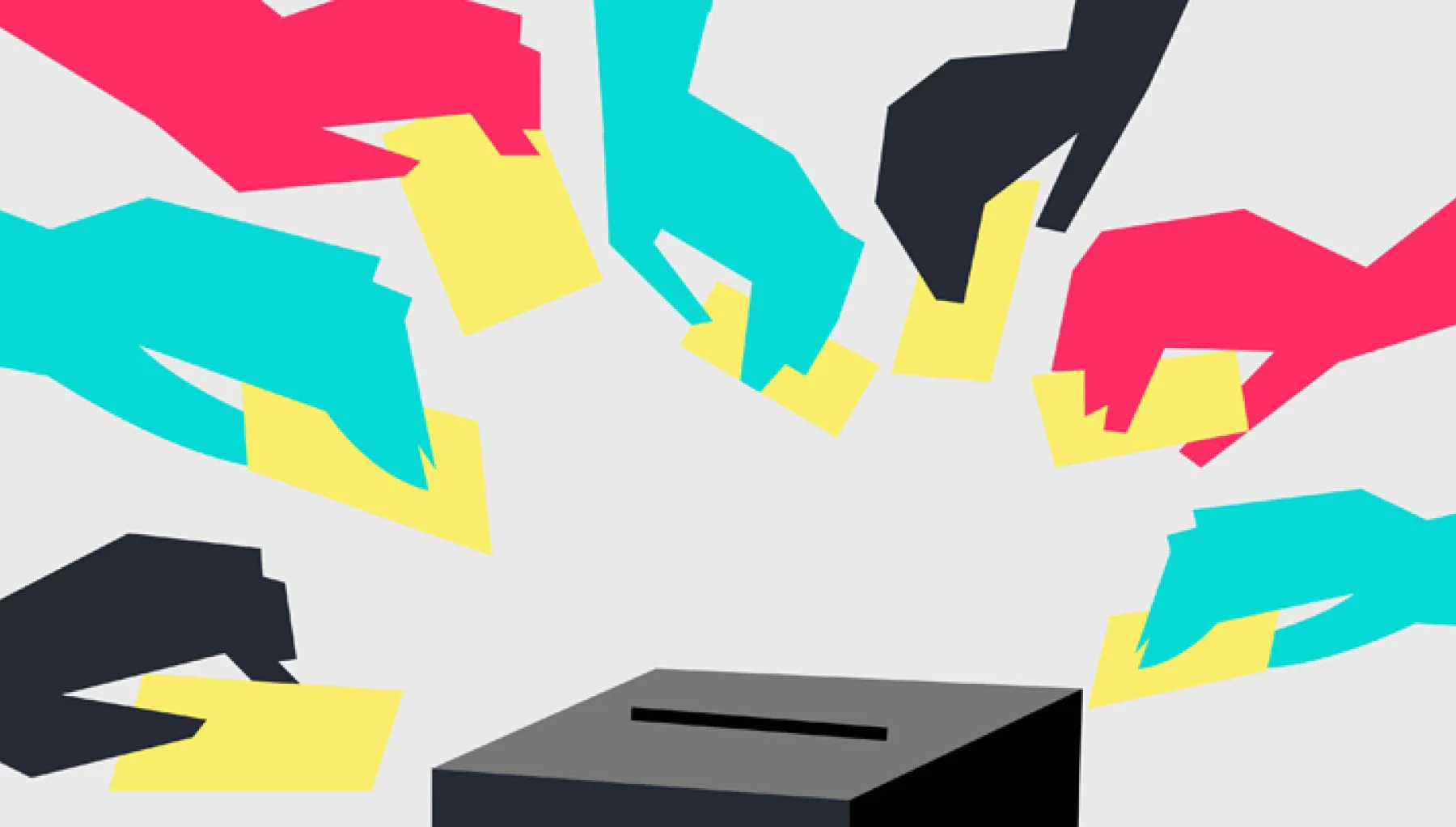 graphic of different coloured hands placing voting slips in a ballot box