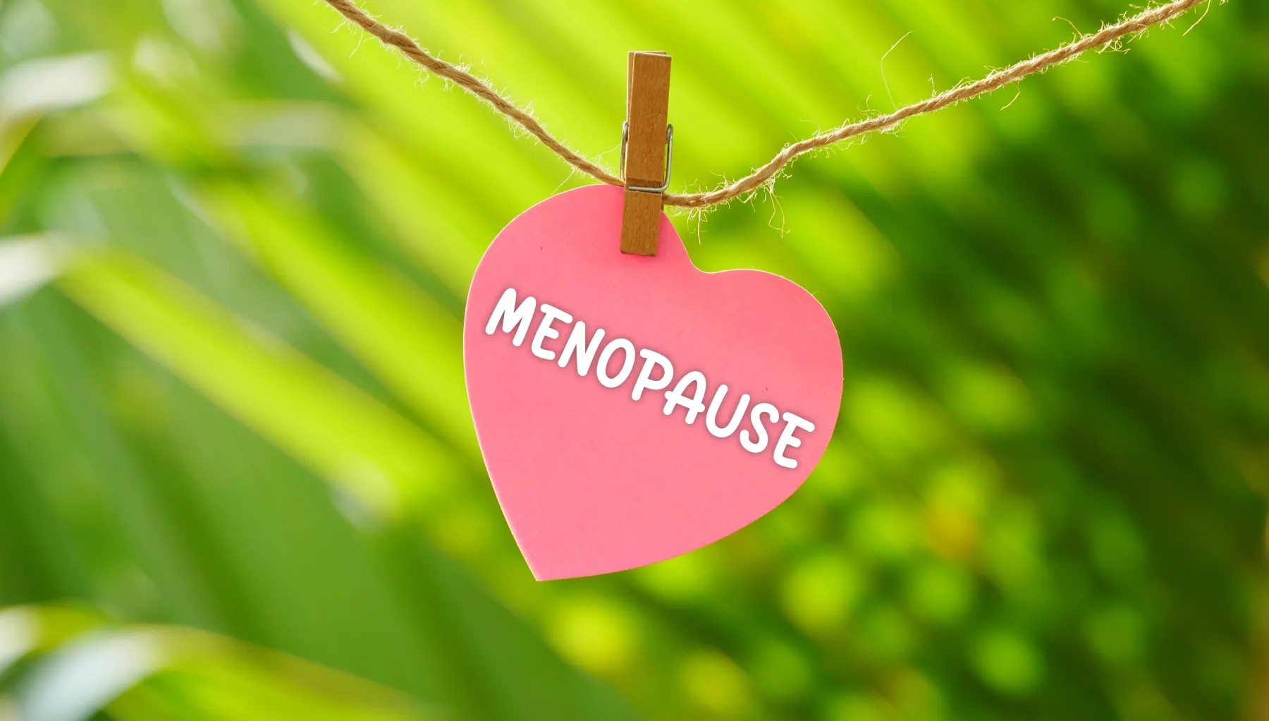 image of a pink paper heart with the word menopause on it pegged to a piece of string against a green background