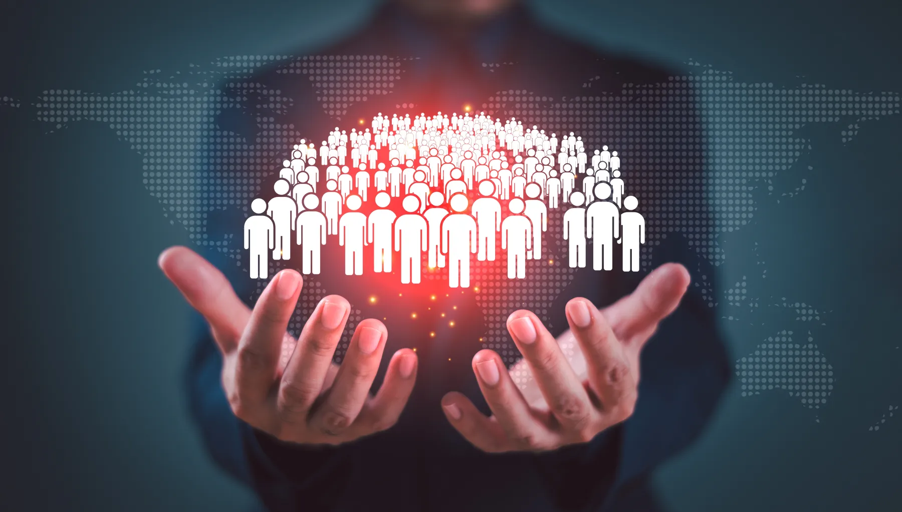 graphic of a pair hands holding a group of icons of people