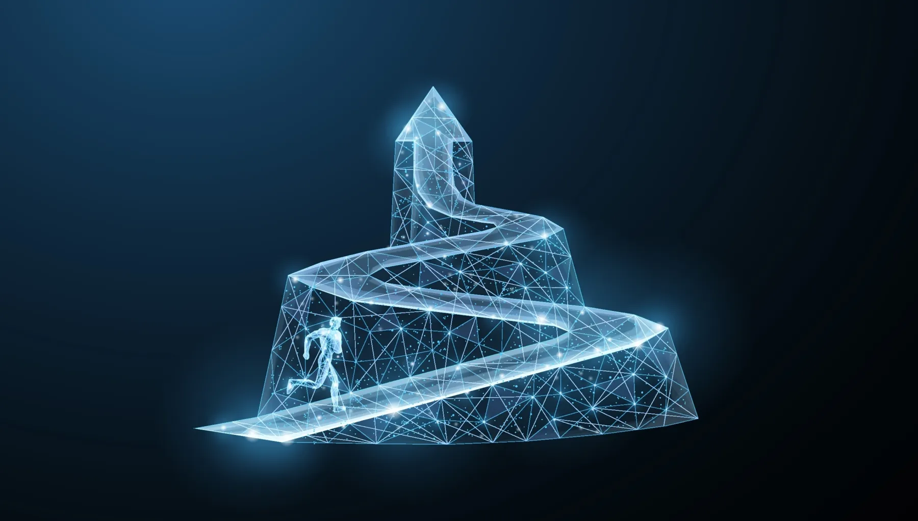 person running on light up track towards upward arrow representing leadership and perseverance