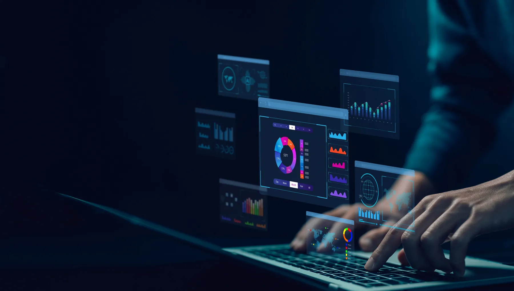 graphic of a pair of hands typing on a keyboard with screens in front