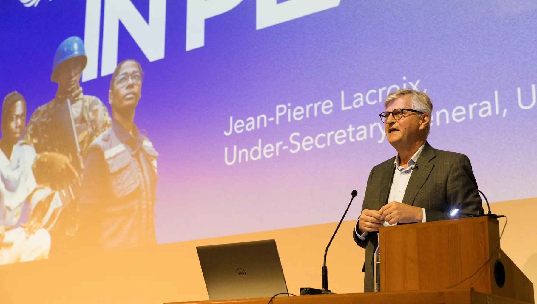 Jean-Pierre Lacroix delivering a lecture