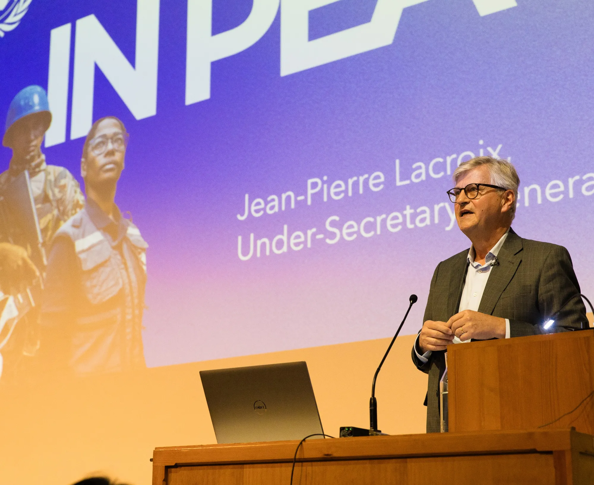 Jean-Pierre Lacroix delivering a lecture